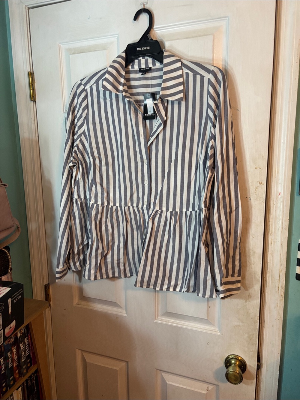 Striped Button-Front Peplum Shirt - Grey & White Size Torrid 00